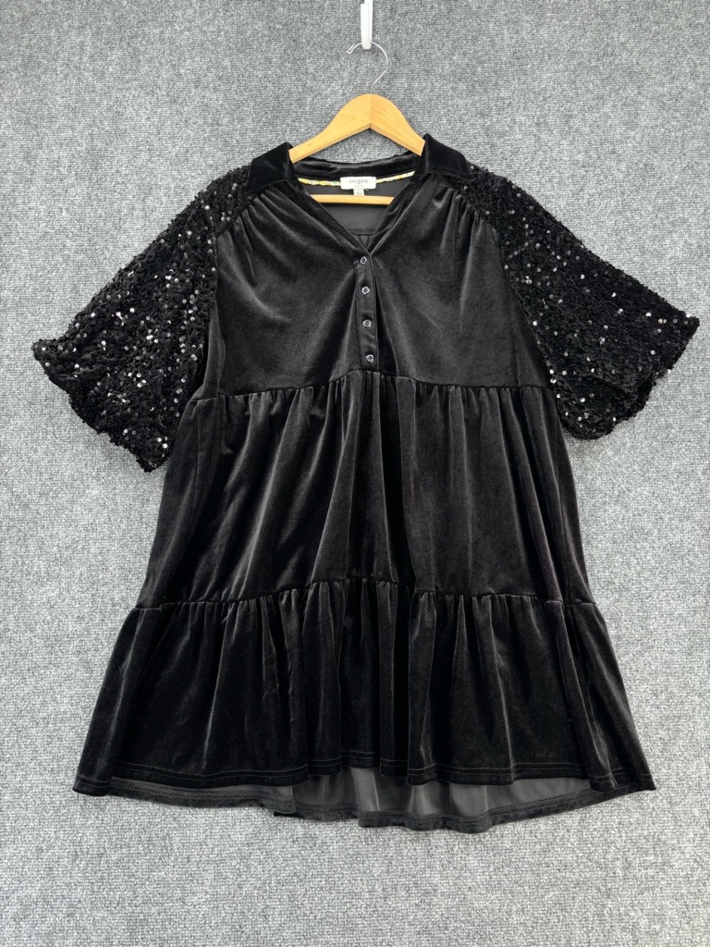 Umgee Black Velvet Sequin Mini Tiered Babydoll Shift Dress Women’s L Date Night